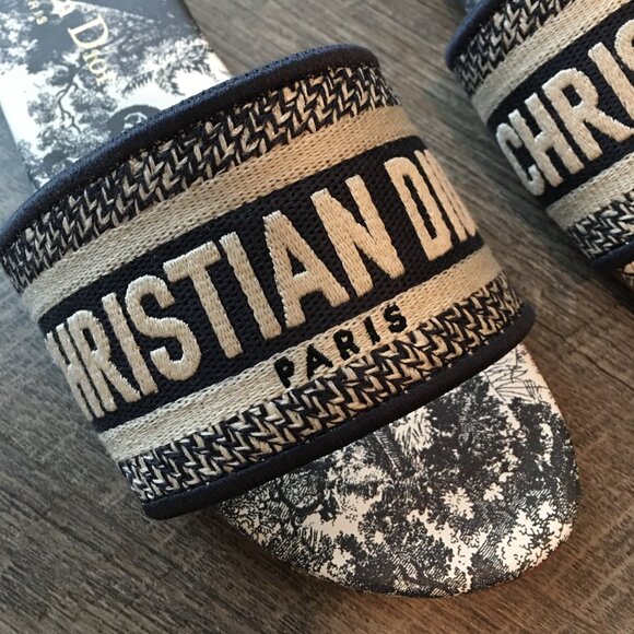 Dior Dway Blue Embroidered Cotton Logo Slides - Picture 2 of 7